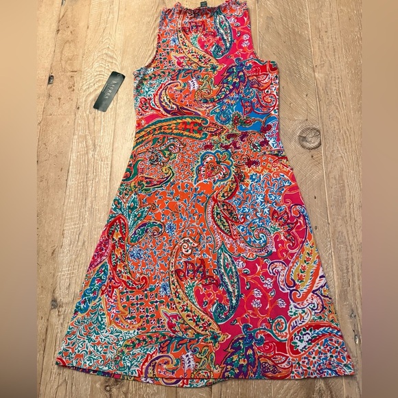Lauren Ralph Lauren Paisley Ruched Surplice Dress Sleeveless Multicolor M Petite - Picture 7 of 13